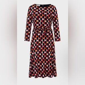 Hobbs London Bayview Geometry Midi Waisted Dress 12 Black Boat neck Back Zipper